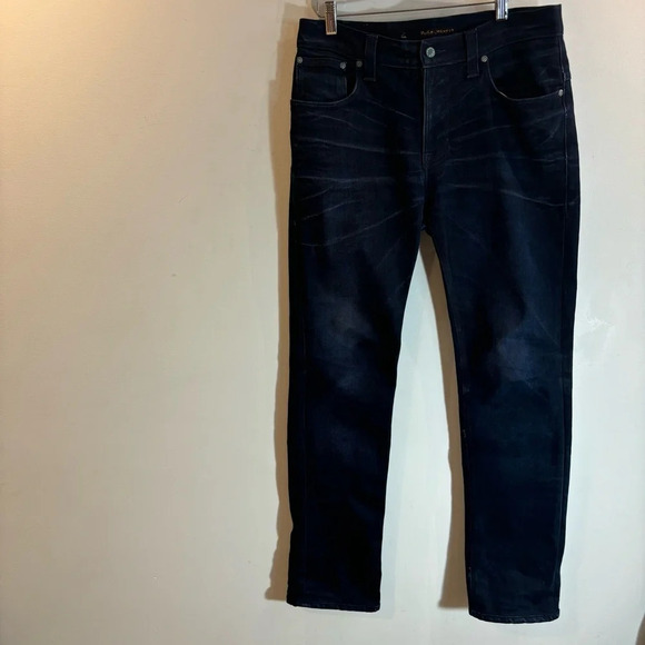 NUDIE Sz 33 x 34 Jeans Thin Finn Dark Shine Slim Dark Wash Wiskering Denim - Picture 2 of 13